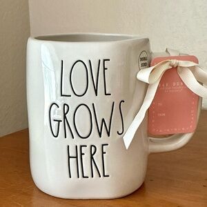 Rae Dunn White Mug with Black Lettering - "Love Grows Here"